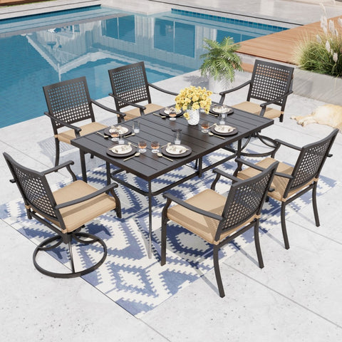 MFSTUDIO 7-Piece Outdoor Dining Set Steel Panel Table & Bull's Eye Pattern Dining Chairs