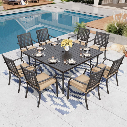 MFSTUDIO 9-Piece Patio Dining Set Large Square Table & Bull-eye-pattern Stackable Chairs