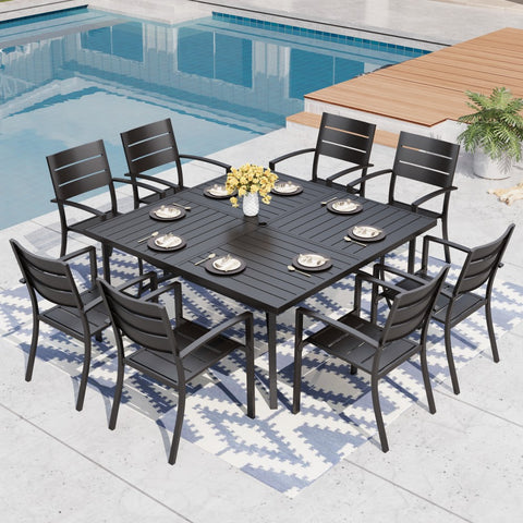 PHI VILLA 9-Piece Patio Dining Set Extra-large Square Table & Stackable Steel Fixed Chairs