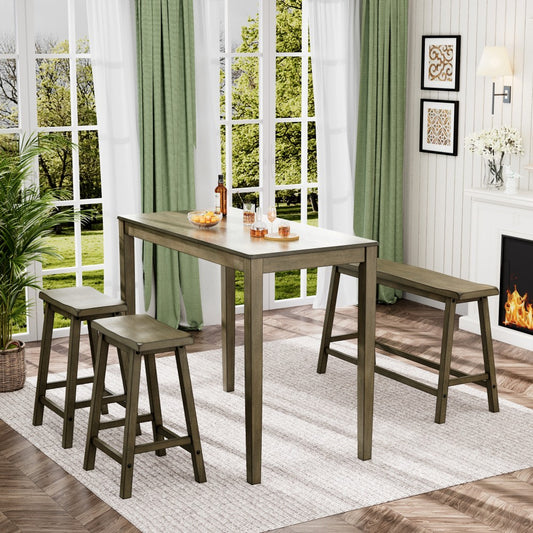 PHI VILLA 4-Piece Solid Wood Bar Table Set with Saddle Stools and Bench