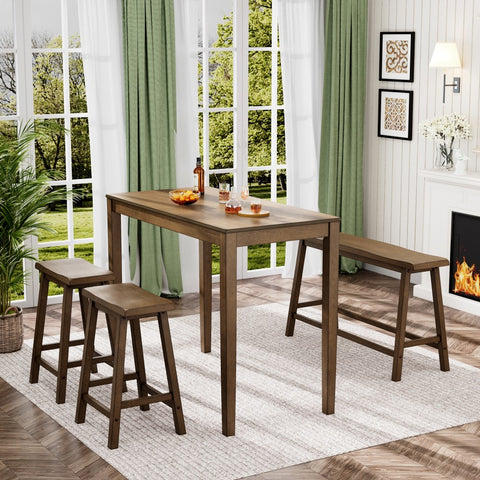 PHI VILLA 4-Piece Solid Wood Bar Table Set with Saddle Stools and Bench