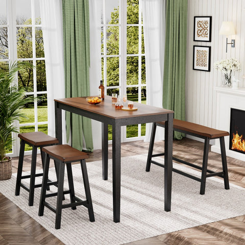PHI VILLA 4-Piece Solid Wood Bar Table Set with Saddle Stools and Bench