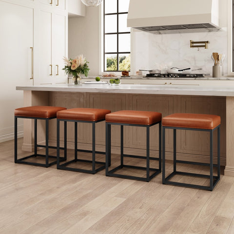 PHI VILLA 24'' Backless PU Leather Bar Stools for Kitchen Island with Sturdy Metal Frame- Set of 4