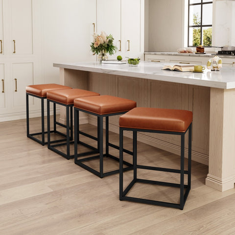 PHI VILLA 24'' Backless PU Leather Bar Stools for Kitchen Island with Sturdy Metal Frame- Set of 4