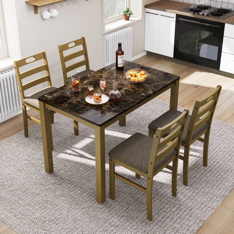 5-Piece Modern Farmhouse Dining Set with Faux Marble Tabletop & Rubber Wood Chairs- PHI VILLA