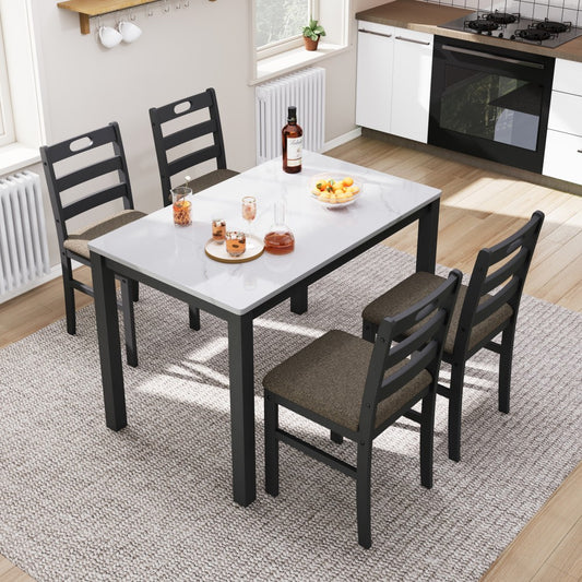 5-Piece Modern Farmhouse Dining Set with Faux Marble Tabletop & Rubber Wood Chairs- PHI VILLA