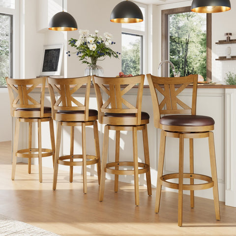 PHI VILLA 360° Swivel Farmhouse Wood Bar Stools with Patented K-Shaped Back