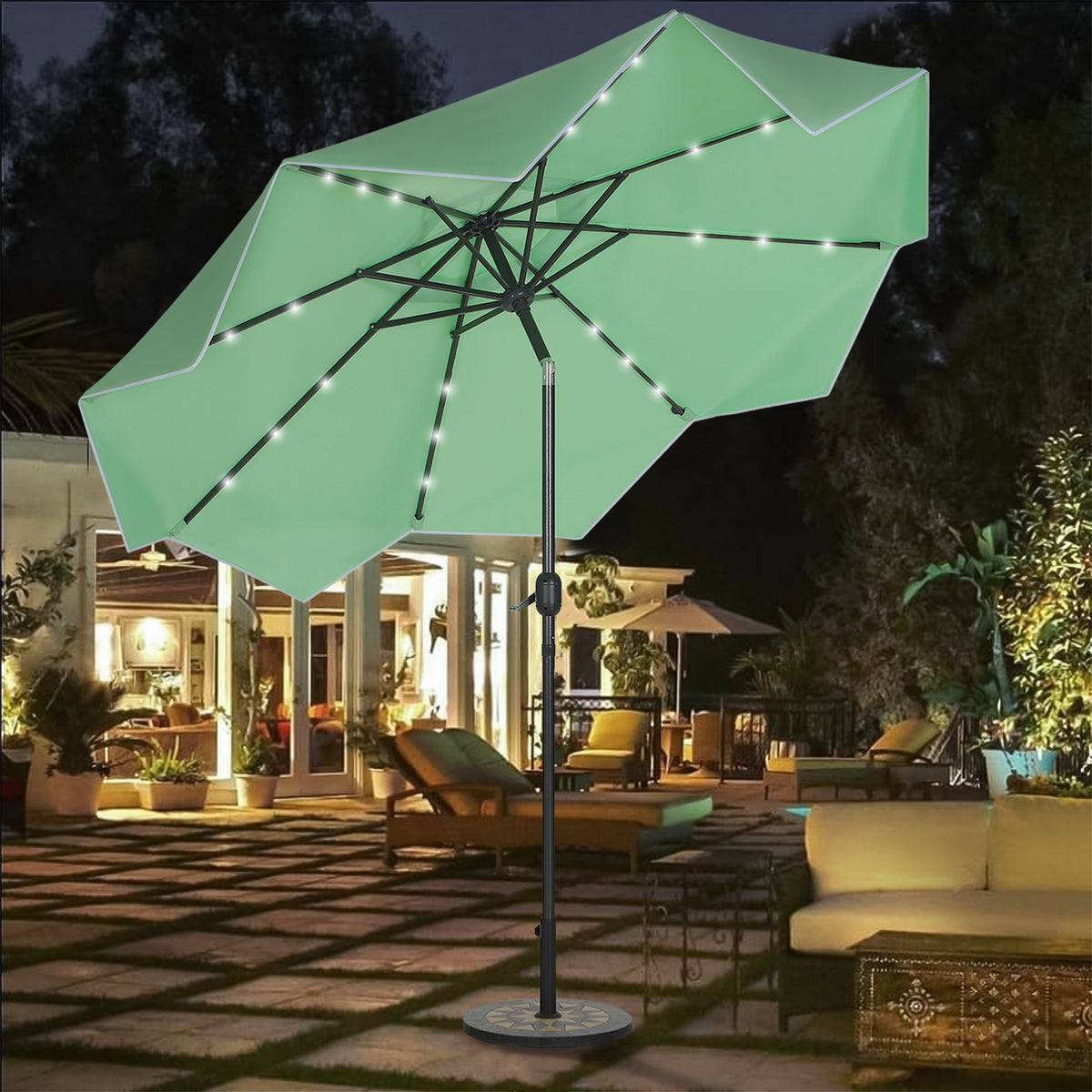 PHI VILLA 9/10ft Auto-Tilt LED Solar Lights Market Patio Umbrella with Ruffles