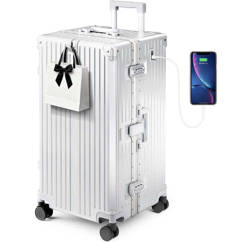 Thickened Aluminum Frame Trunk Luggage with TSA Lock USB Charging, 26/30 Inch