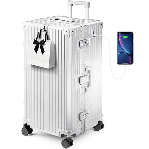 Thickened Aluminum Frame Trunk Luggage with TSA Lock USB Charging, 26/30 Inch
