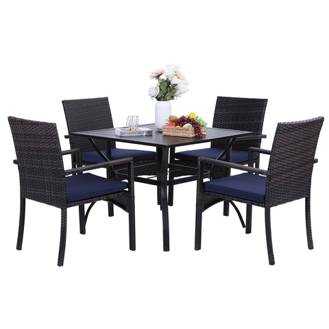 MFSTUDIO 5-Piece Steel Square Table & 4 Rattan Cushion Chairs Outdoor Patio Dining Set