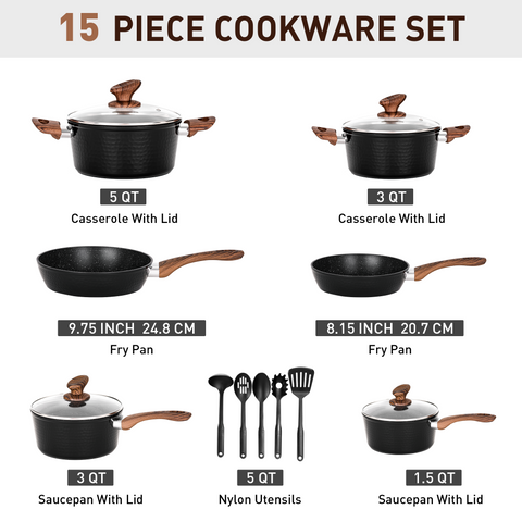 Kitchen Academy 15 Pieces Induction Black Hammered Finish Nonstick Pots and Pans Set
