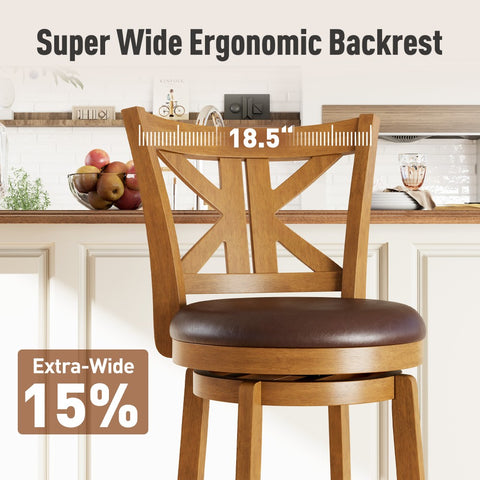 PHI VILLA 360° Swivel Farmhouse Wood Bar Stools with Patented K-Shaped Back