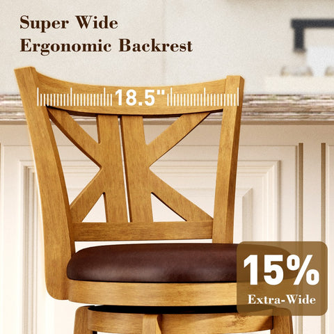 PHI VILLA 360° Swivel Farmhouse Wood Bar Stools with Patented K-Shaped Back