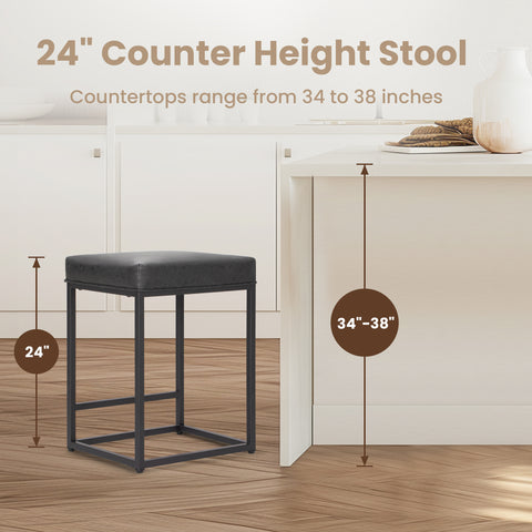 PHI VILLA 24'' Backless PU Leather Bar Stools for Kitchen Island with Sturdy Metal Frame- Set of 4