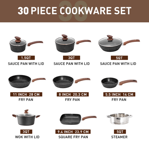 Kitchen Academy Ultimate 30 Pieces Granite-Coating Nonstick Induction Cookware Set for Easy Dinner Ideas