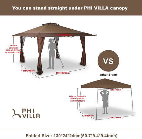 Phi Villa 13' x 13' Straight Leg Pop-up Canopy Party Gazebo, 169 Sq. Ft of Shade