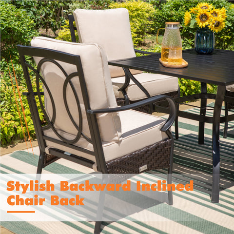 Sophia & William 7-Piece Teak-grain Table & Rattan-steel Cushion Fixed Chairs Patio Dining Sets