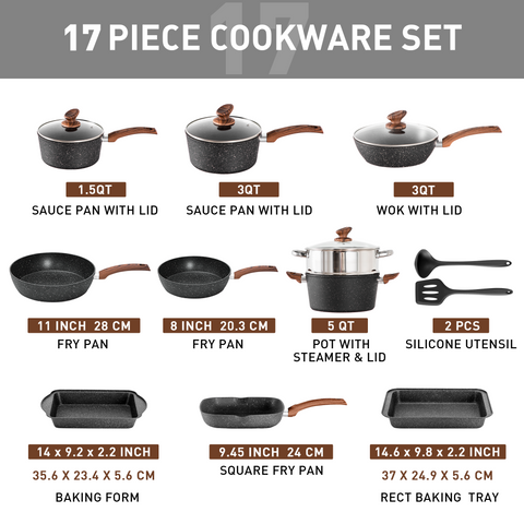 Induction Nonstick Granite-Coating 17 Piece Cookware Set,Kitchen Academy