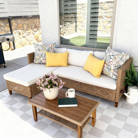 Boho Style Outdoor Wicker Conversation Sofa set with Acacia Wood Coffee Table - Sophia & William