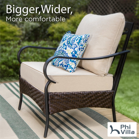 Phi Villa 2-Seater Rattan-steel Cushioned Outdoor Conversation Set with Ottomans