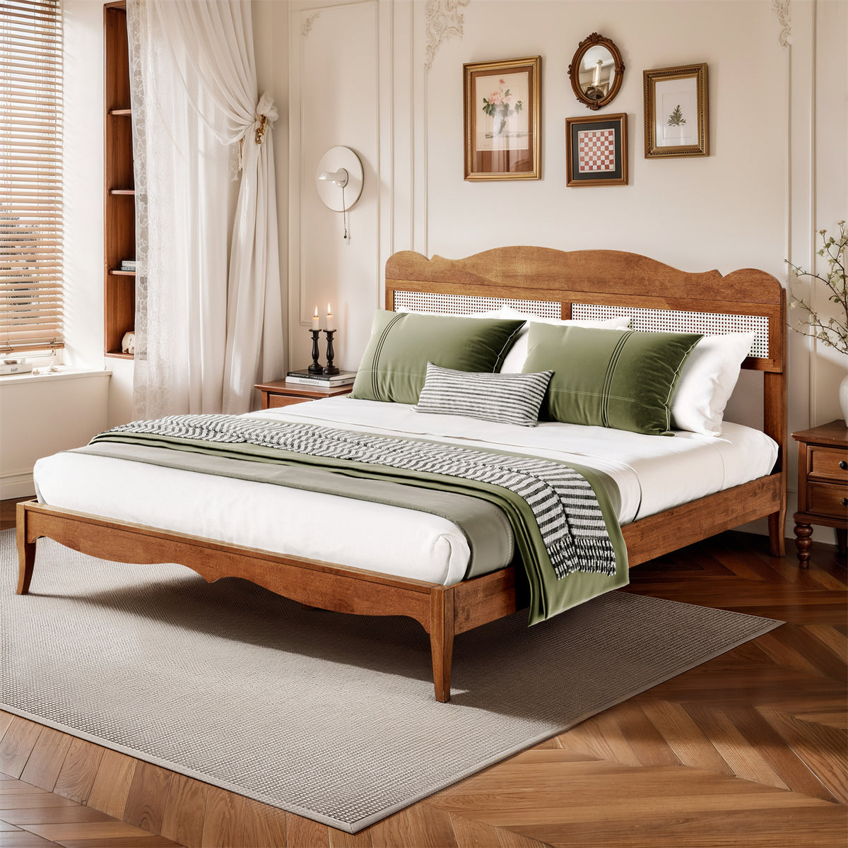 Classic Wooden Bed Frame with Rattan Headboard - Sophia & William