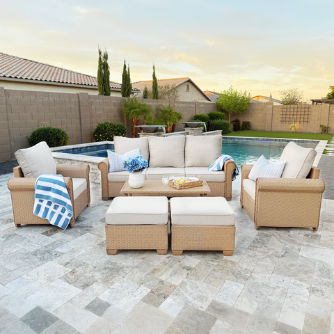 Phi Villa Luxury 5 Seats Wicker Patio Conversation Sofa Set with Wider Armrests