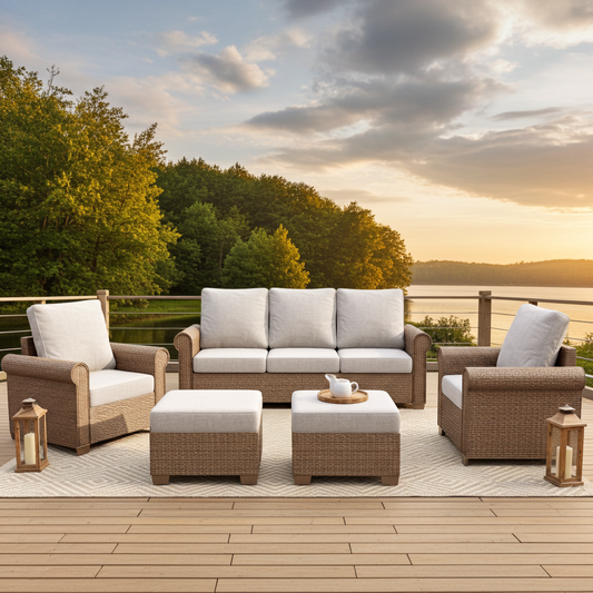Phi Villa Luxury 5 Seats Wicker Patio Conversation Sofa Set with Wider Armrests