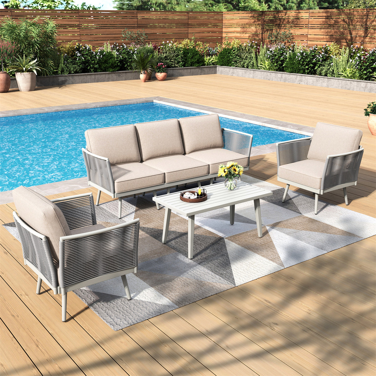 Phi Villa 5 Seats Wicker Patio Conversation Sofa Set with Classic Rope Rattan Style