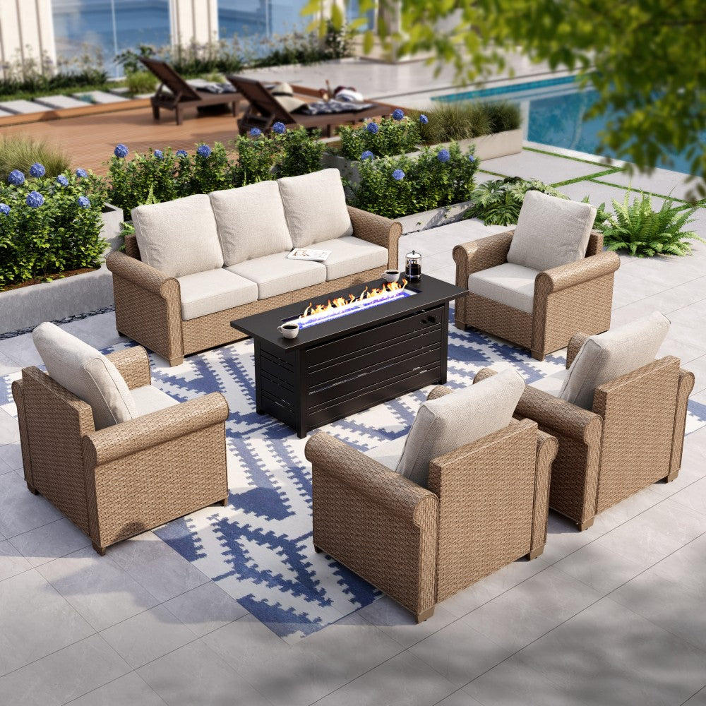 Phi Villa Luxury Wicker Patio Conversation Sofa Set with Fire Pit Table