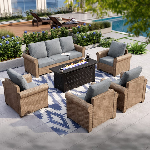 Phi Villa Luxury Wicker Patio Conversation Sofa Set with Fire Pit Table
