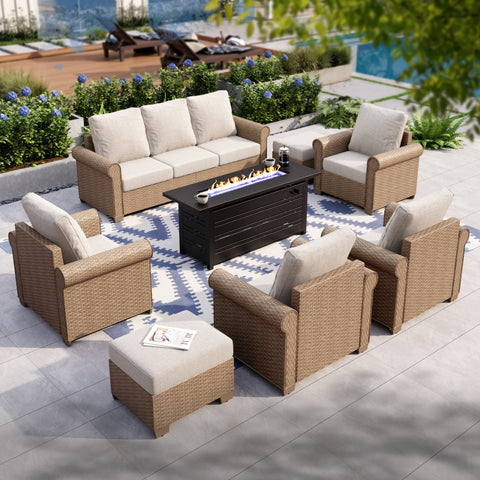 Phi Villa Luxury Wicker Patio Conversation Sofa Set with Fire Pit Table