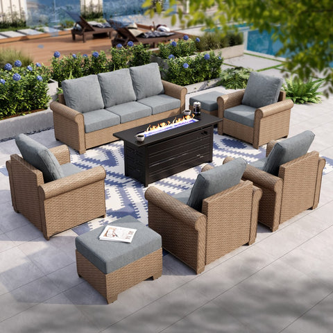 Phi Villa Luxury Wicker Patio Conversation Sofa Set with Fire Pit Table