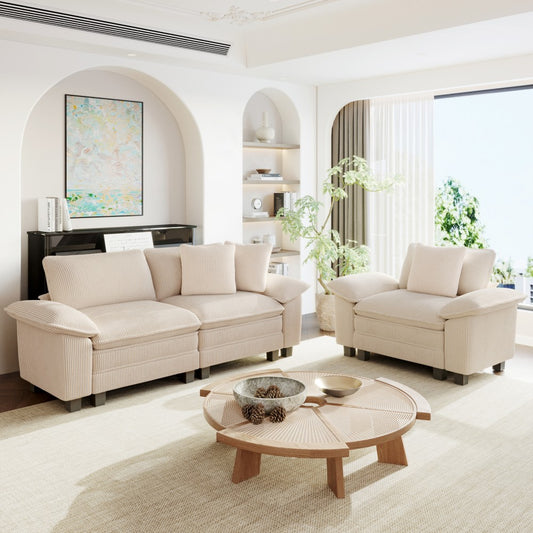 Modern living room with Beige 3-seater corduroy sectional cloud sofa 