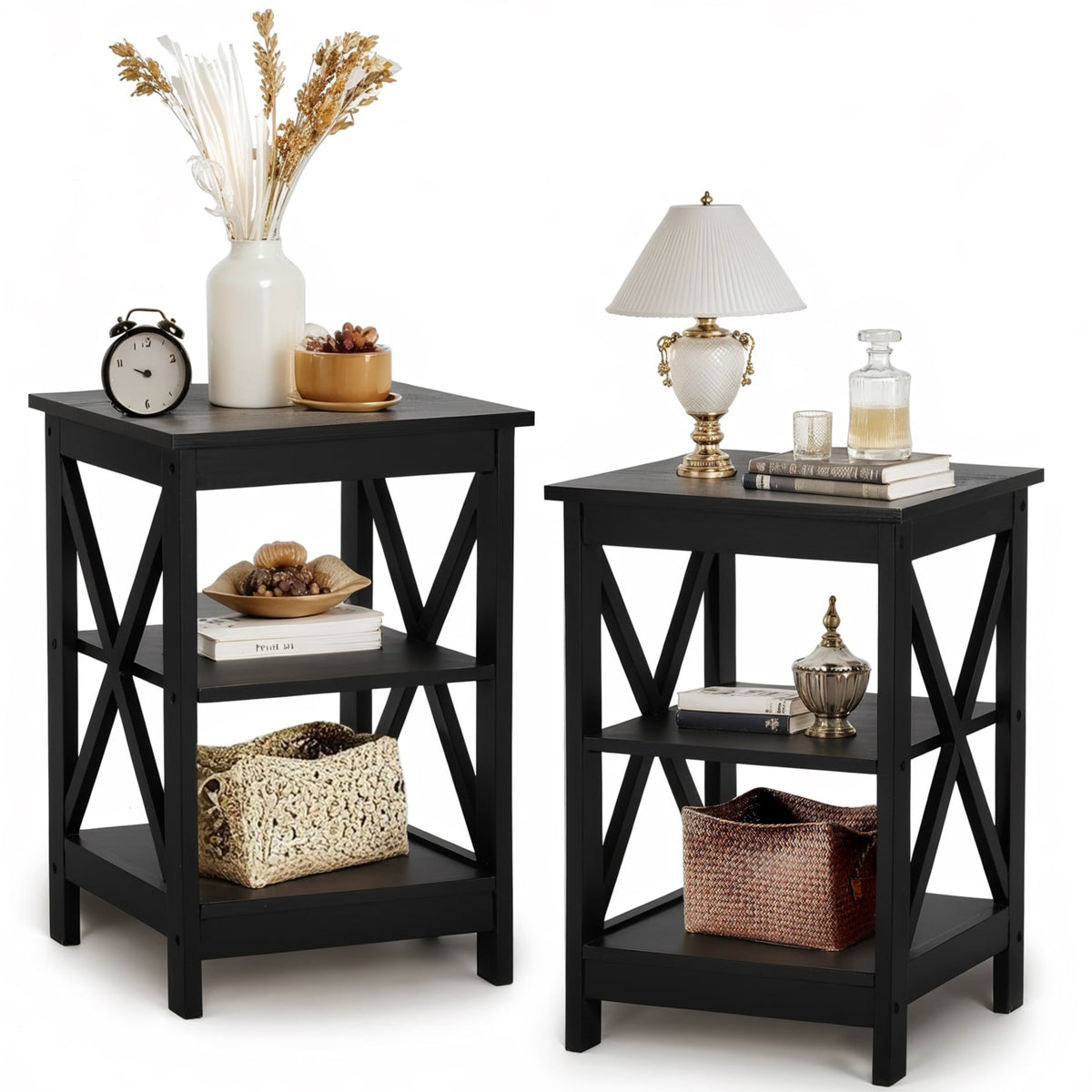 PHI VILLA Black End Table Side Table for Living Room, Set of 2