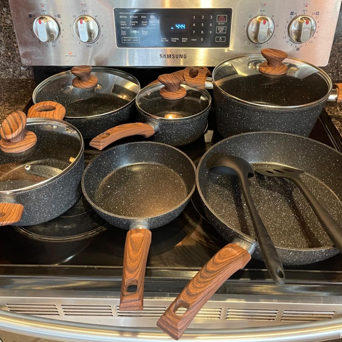 Kitchen Academy Induction Cookware Set - 17 Piece Gray Cooking Pan Set,  Granite Non-Stick Pots and Pans Set