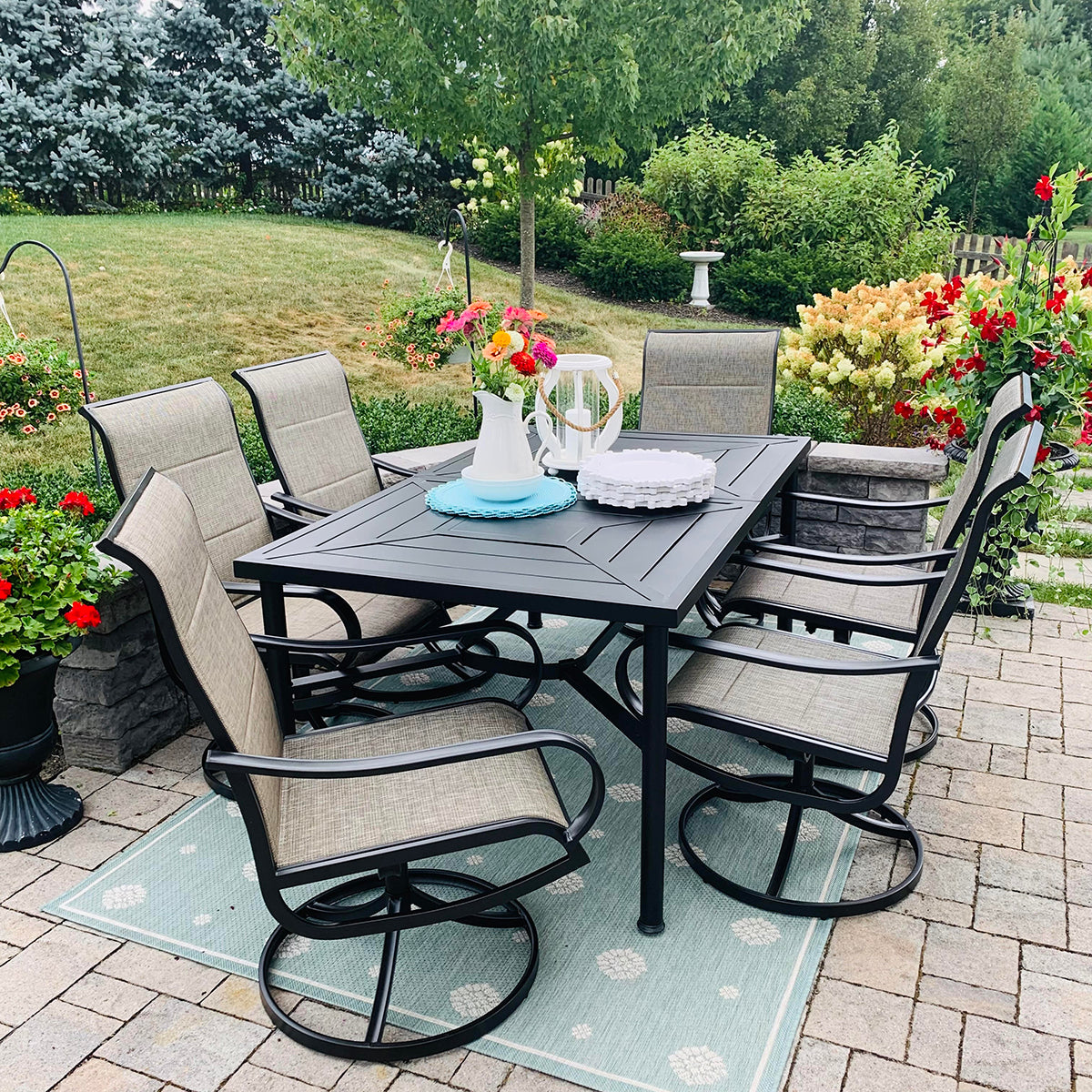 PHI VILLA 7-Piece Patio Dining Set Geometrically Stamped Rectangle Table & Textilene Swivel Chairs
