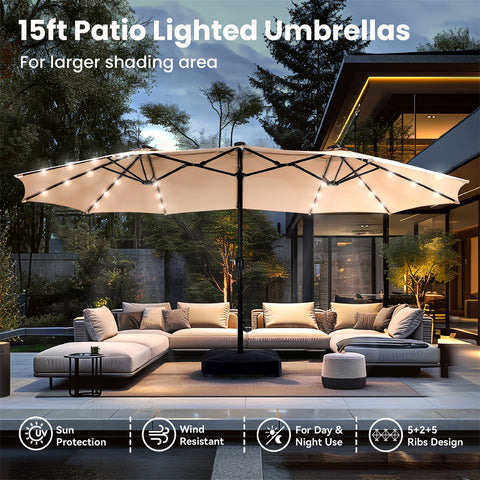 PHI VILLA 15ft Extra Large Double-Sided Patio Umbrella with Solar Powered LED Lights (Base Included)