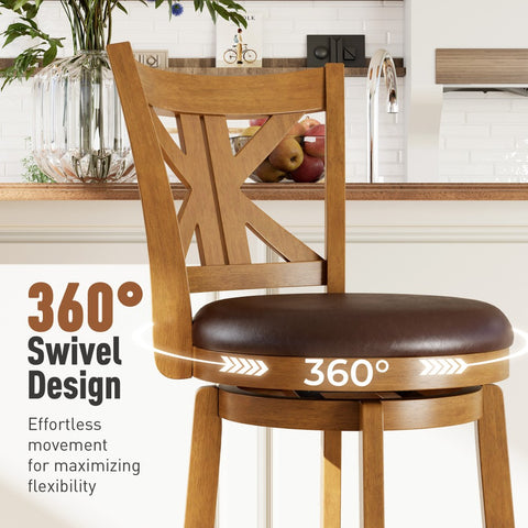 PHI VILLA 360° Swivel Farmhouse Wood Bar Stools with Patented K-Shaped Back