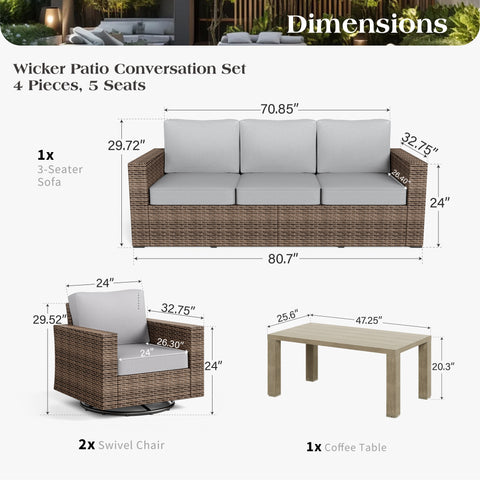 Phi Villa Luxury 5 Seats Wicker Patio Conversation Sofa Set with Swivel Chairs