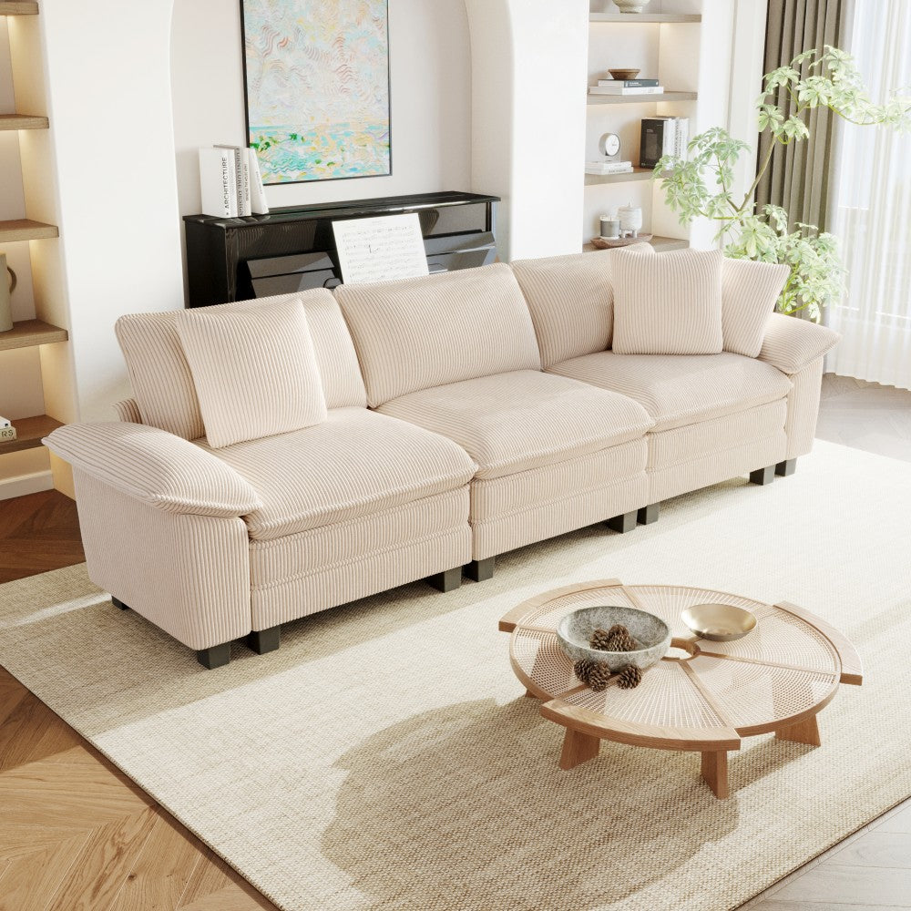 Beige 3 seater corduroy sectional sofa in a living room 