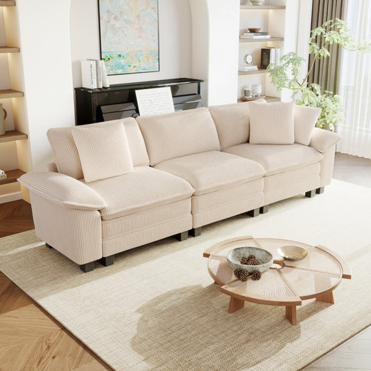 Beige 3 seater corduroy sectional sofa in a living room 