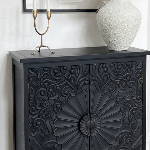 Black Accent Cabinet with Carved Floral Design-MFSTUDIO