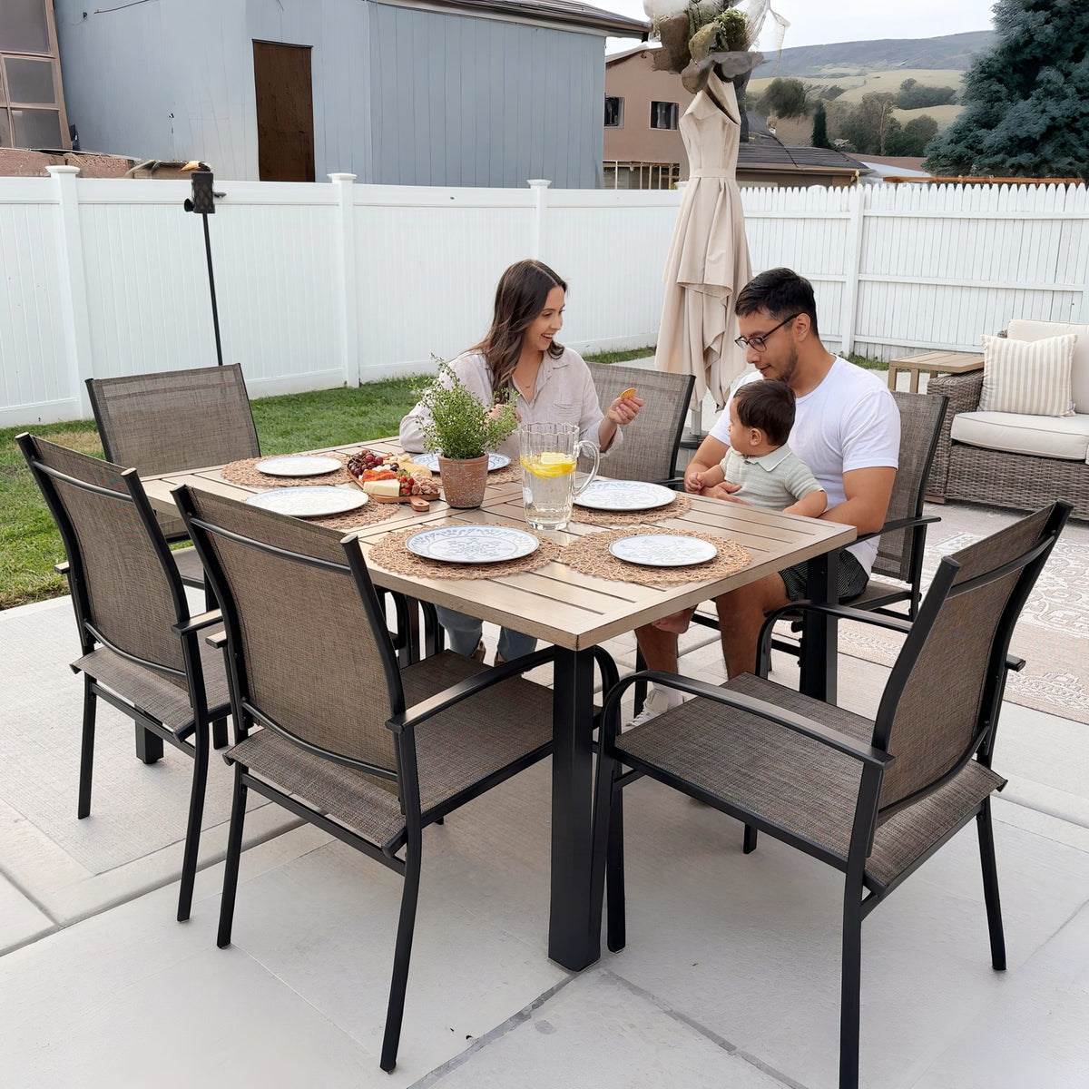 Sophia & William 7-Piece Farmhouse Style Wood Grain Table & Textilene Fixed Chair Patio Dining Set