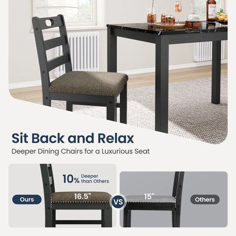 5-Piece Modern Farmhouse Dining Set with Faux Marble Tabletop & Rubber Wood Chairs- PHI VILLA