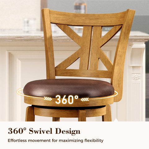 PHI VILLA 360° Swivel Farmhouse Wood Bar Stools with Patented K-Shaped Back