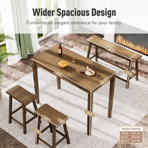 PHI VILLA 4-Piece Solid Wood Bar Table Set with Saddle Stools and Bench