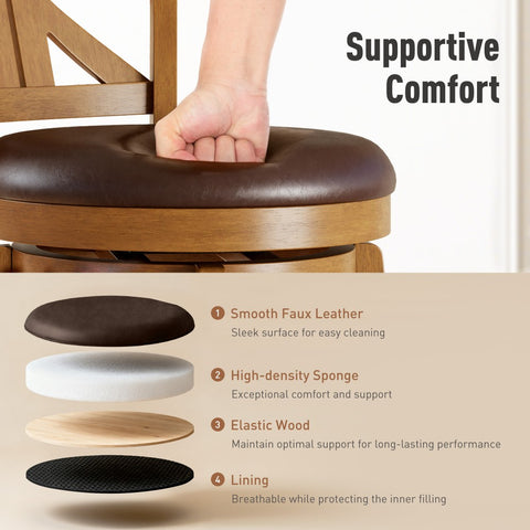 PHI VILLA 360° Swivel Farmhouse Wood Bar Stools with Patented K-Shaped Back