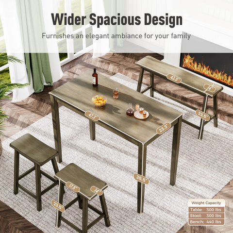 PHI VILLA 4-Piece Solid Wood Bar Table Set with Saddle Stools and Bench