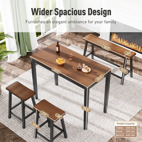PHI VILLA 4-Piece Solid Wood Bar Table Set with Saddle Stools and Bench